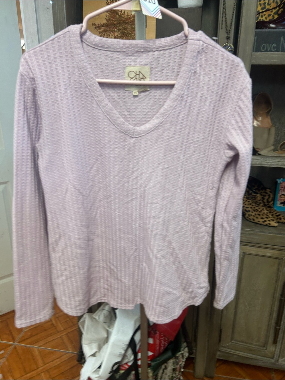 Chaser Lavender Waffle Knit V-Neck Long Sleeve Top